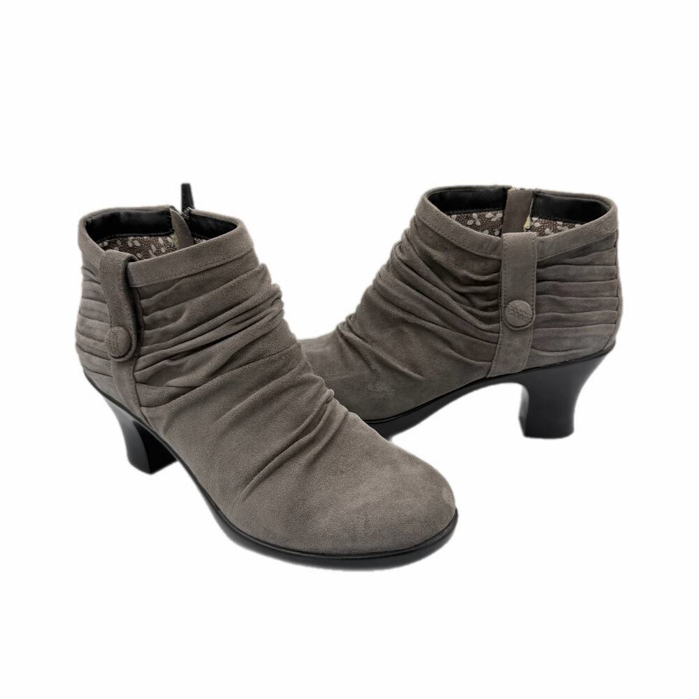 Dansko Buffy Gray Ruched Side Zip Suede Leather Ankle Comfortable Chic Booties